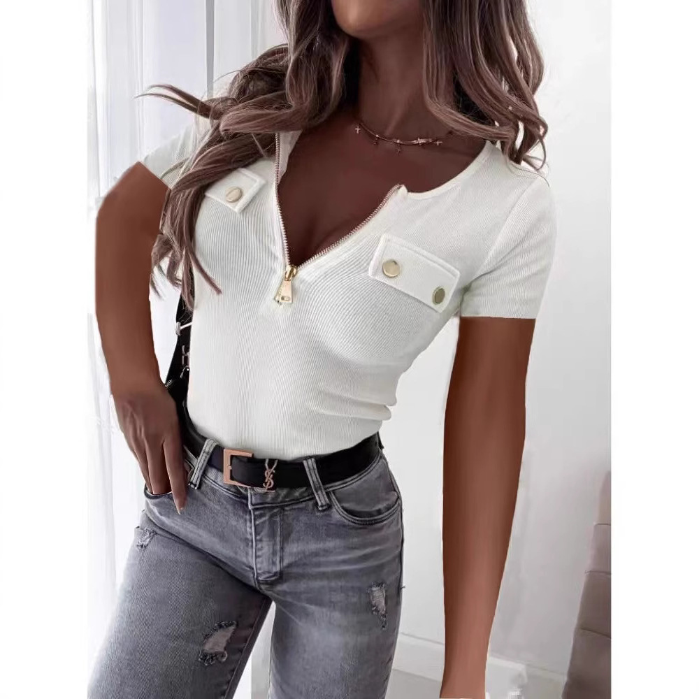 Women's Spring Summer V-Neck Zip-Up Knit Top Slim Fit Short Sleeve
