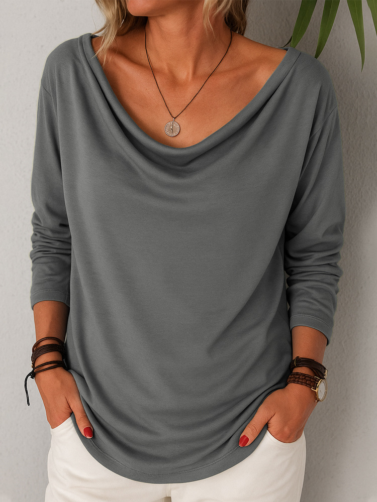 Women's Casual Loose Long Sleeve Solid Color Cowl Neck Pullover T-Shirt