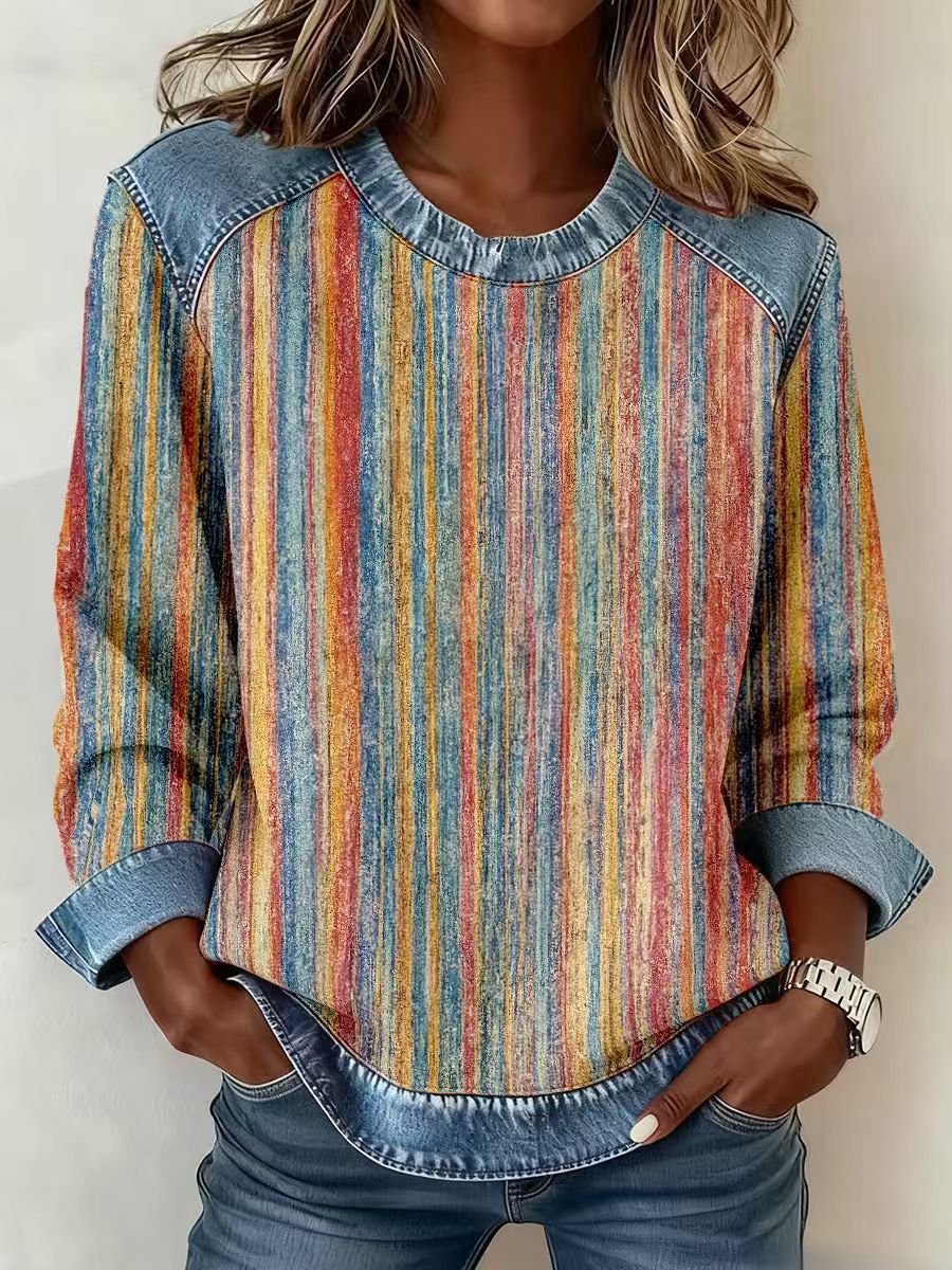 Plaid Patchwork Denim Crewneck Loose Women's Sweatshirt