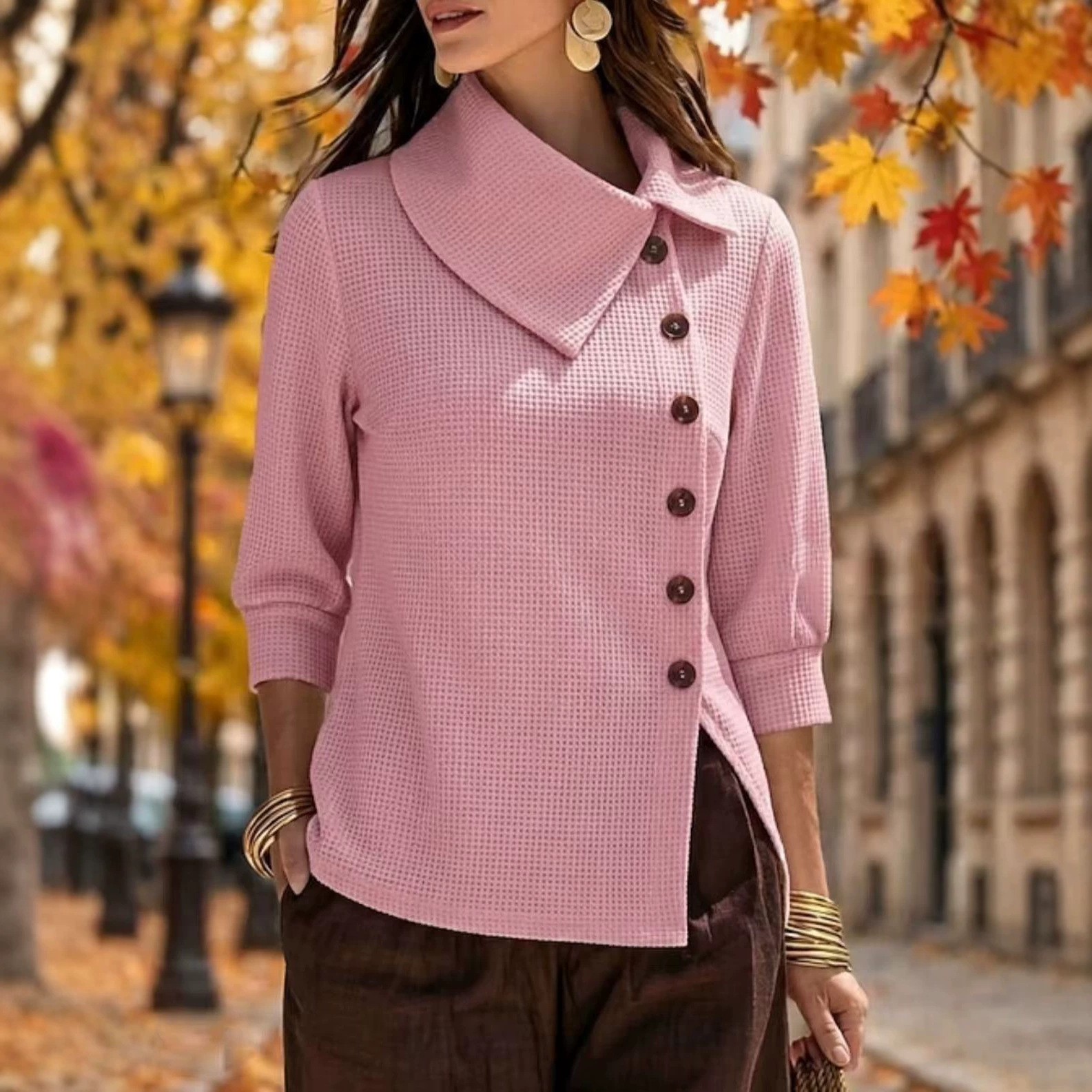 Waffle Knit Collared Asymmetric Button 3/4 Sleeve Loose Women's Top