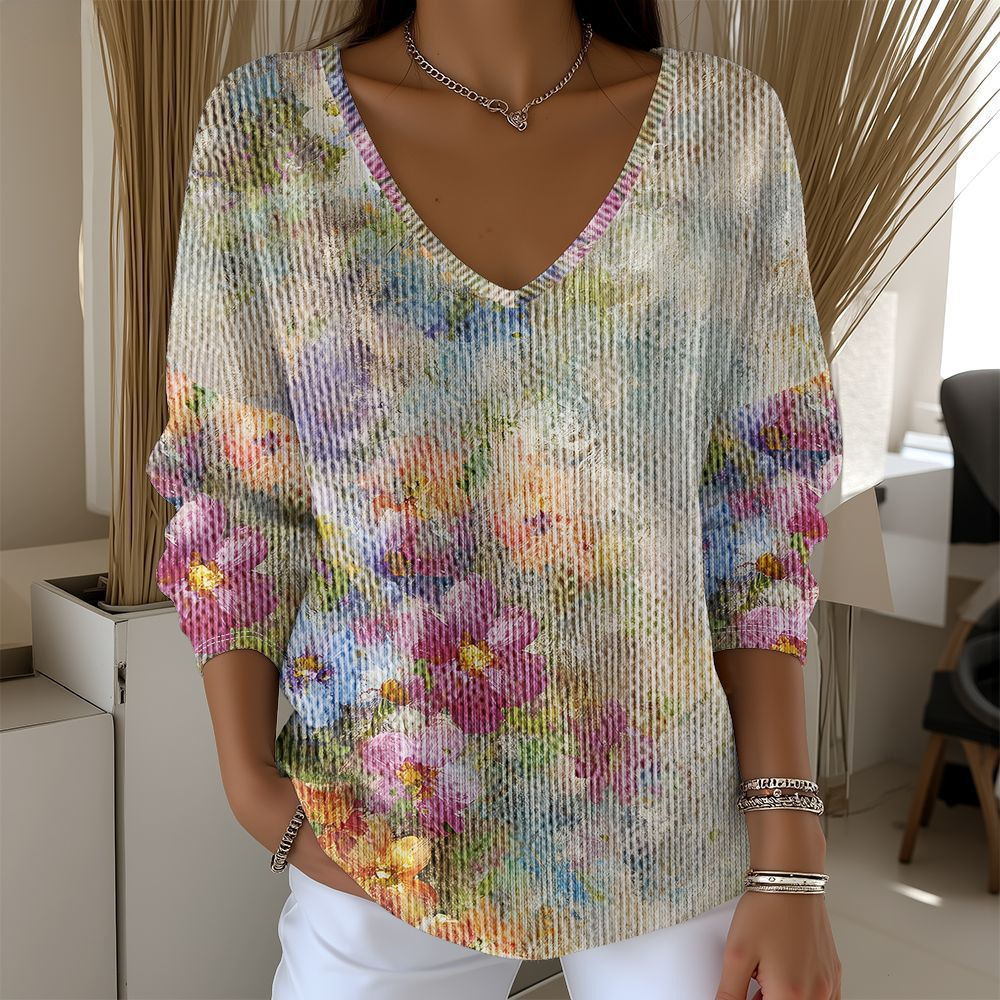 Women's V-Neck Long Sleeve T-Shirt with Animal & Plant Digital Print