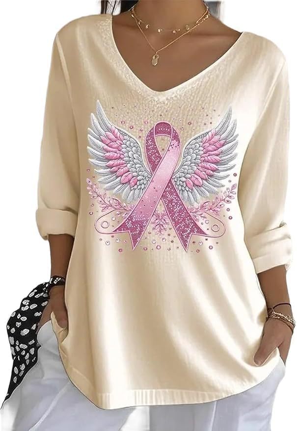 Wing Ribbon Print V-Neck Half-Sleeve T-Shirt