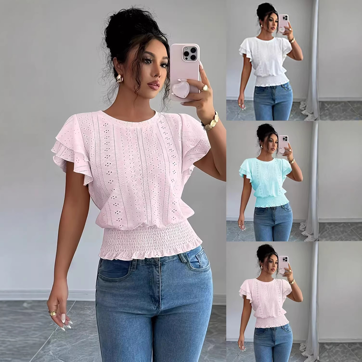 Women's Hollow-Out Ruffle-Sleeve Crewneck Short-Sleeve T-Shirt