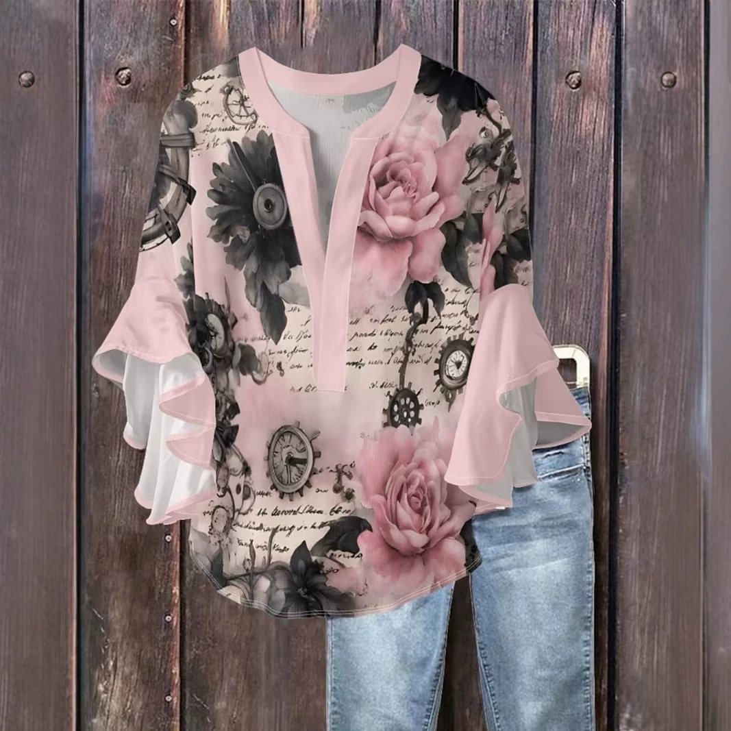Floral Print V-Neck Rolled Sleeve Casual Women's T-Shirt