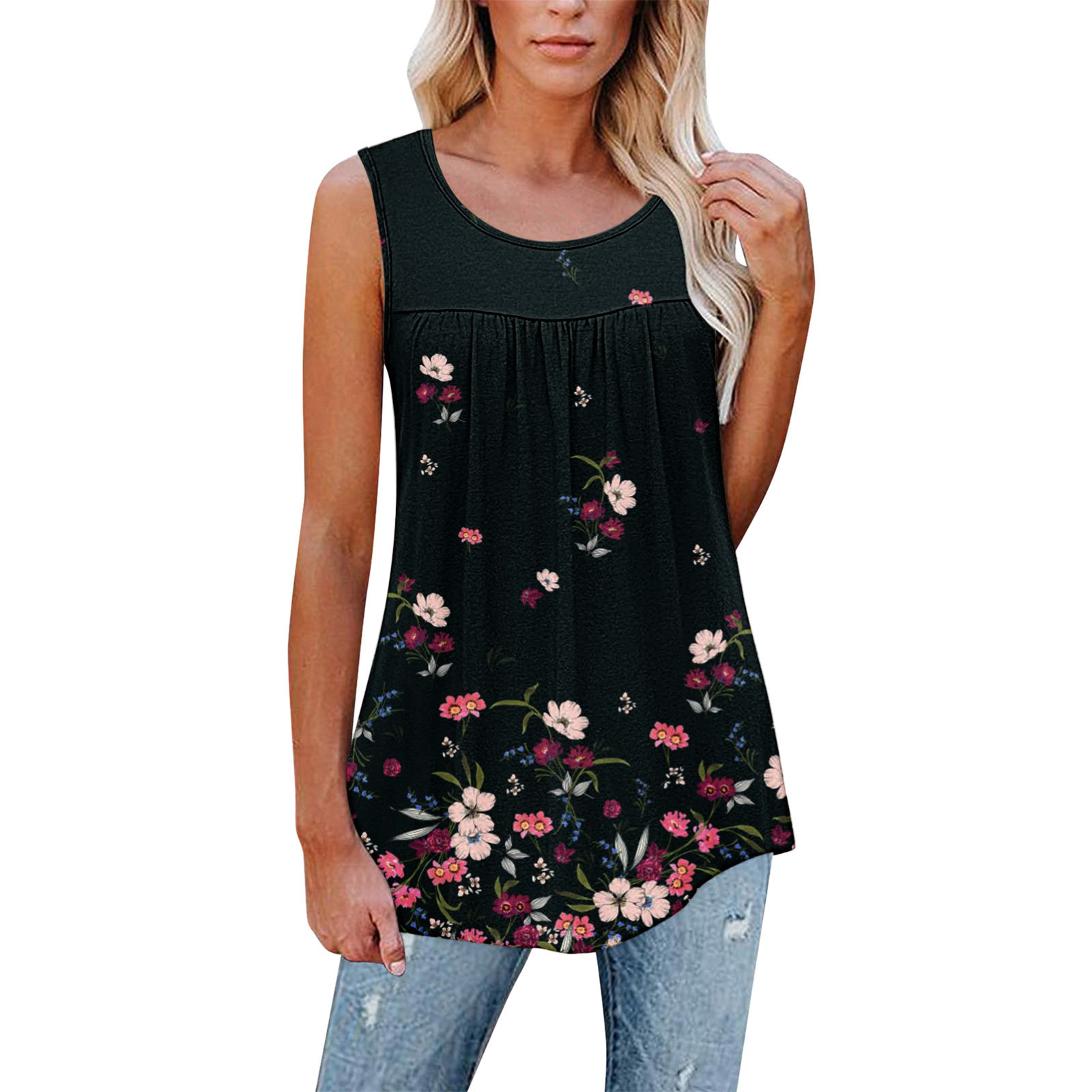 Floral Print Sleeveless Pleated Loose Fit Tank Top T-Shirt for Women