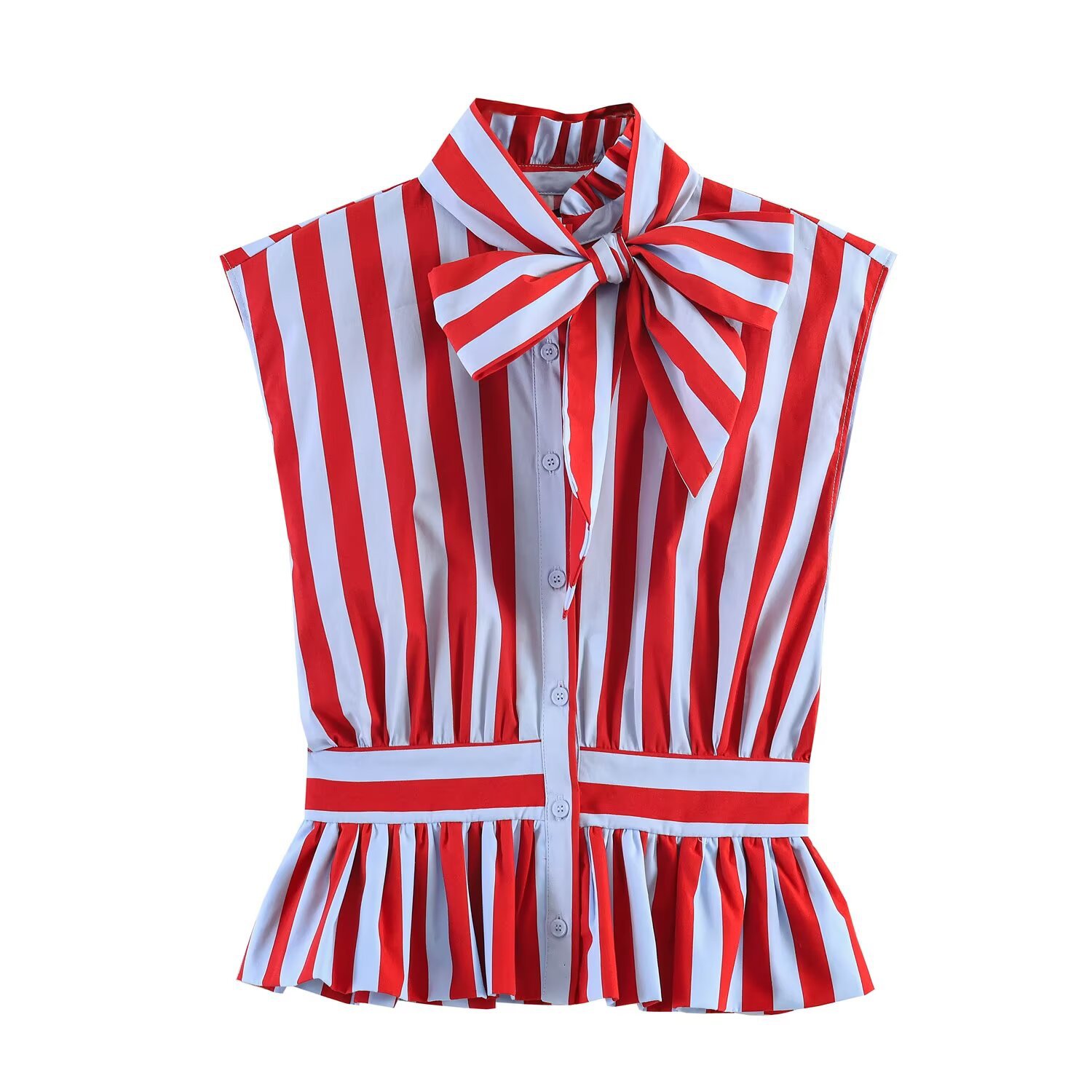 High Neck Tie Striped Shirt Short Sleeve