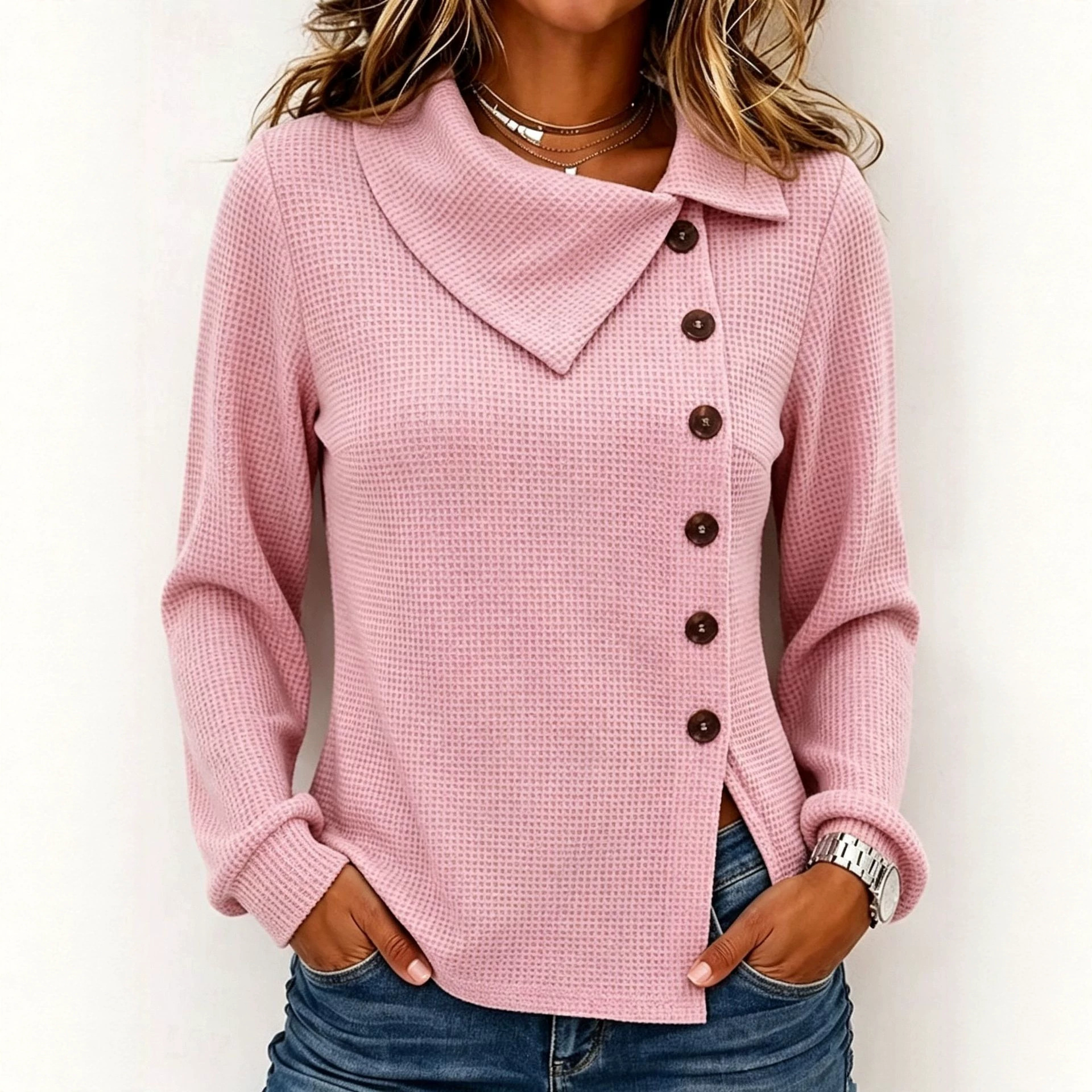 Women's Waffle Knit Button-Front Long-Sleeve Top with Asymmetric Collar