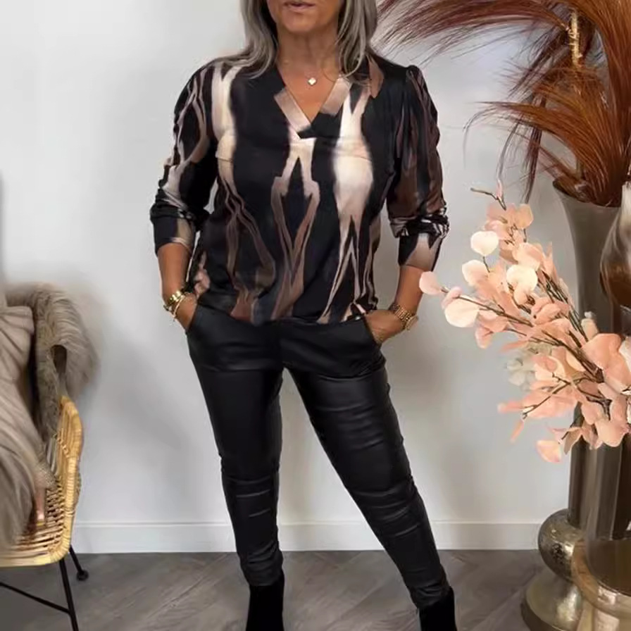 Women's Floral Print V-Neck Long Sleeve Top