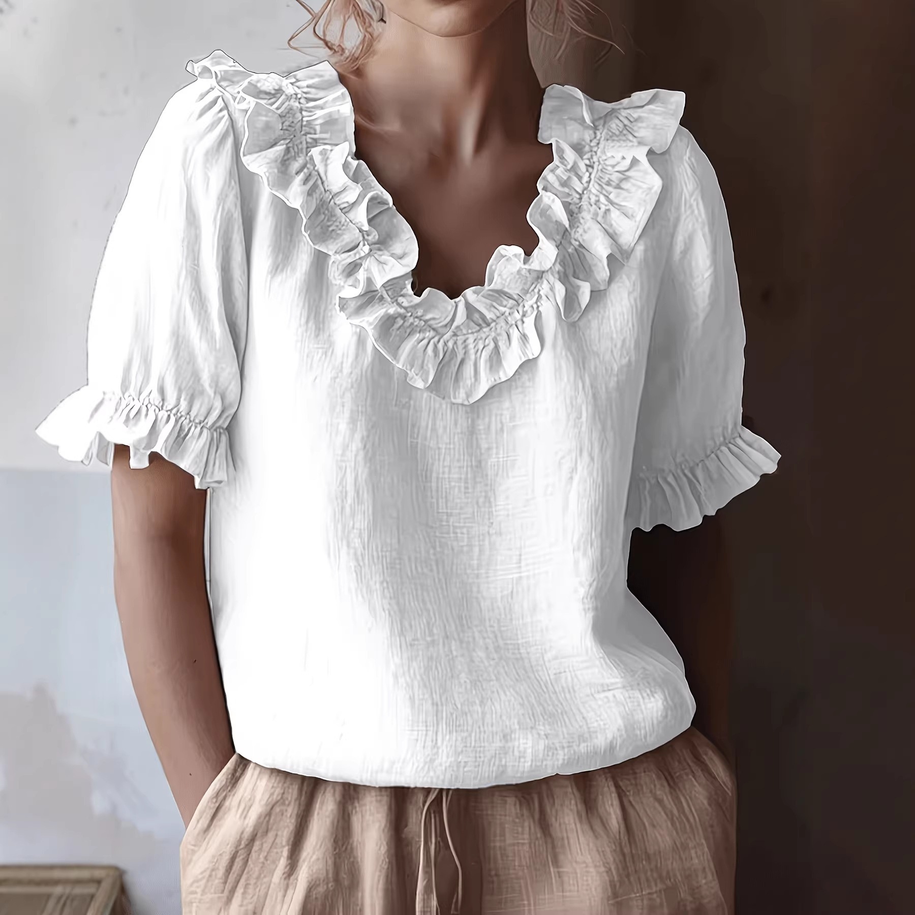 Ruffled Round Neck Short Sleeve Blouse