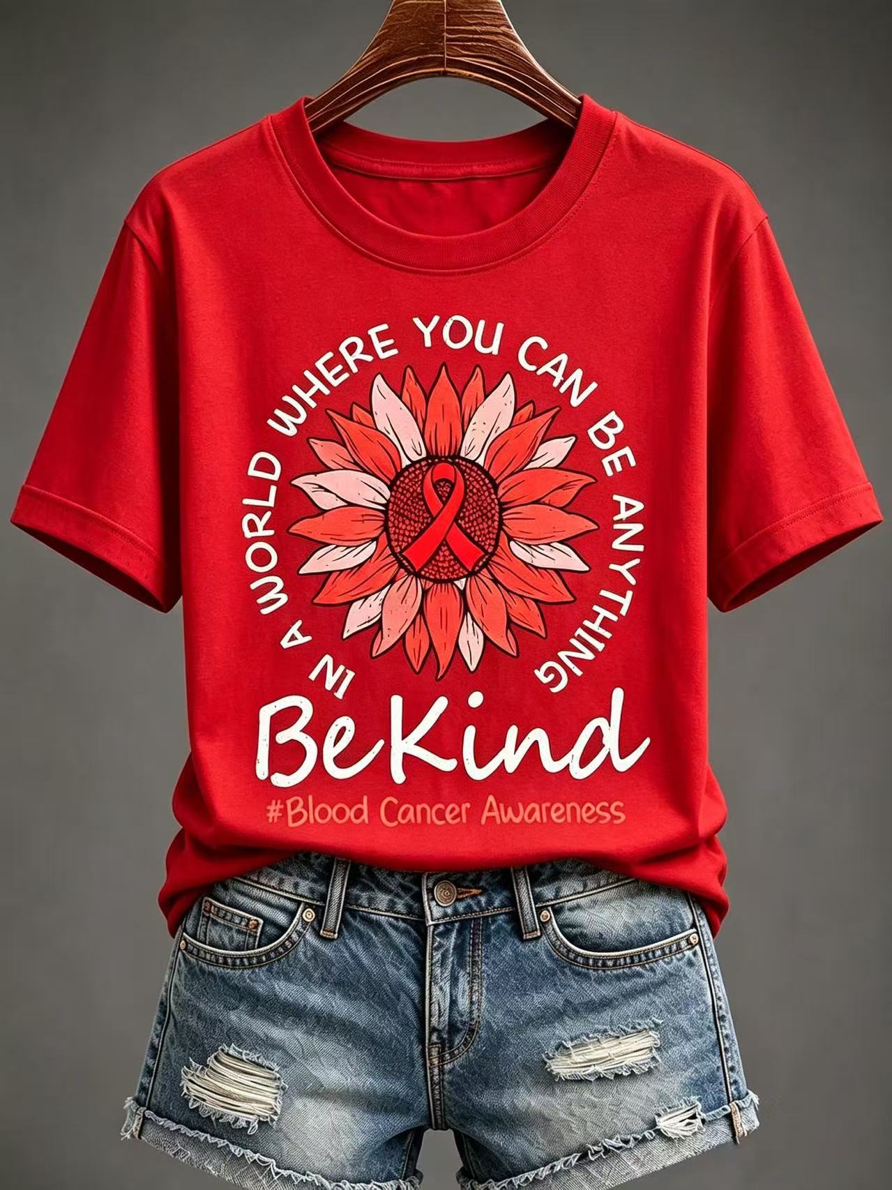 Sunflower Red Ribbon Letter Print Women's V-Neck Short Sleeve T-Shirt