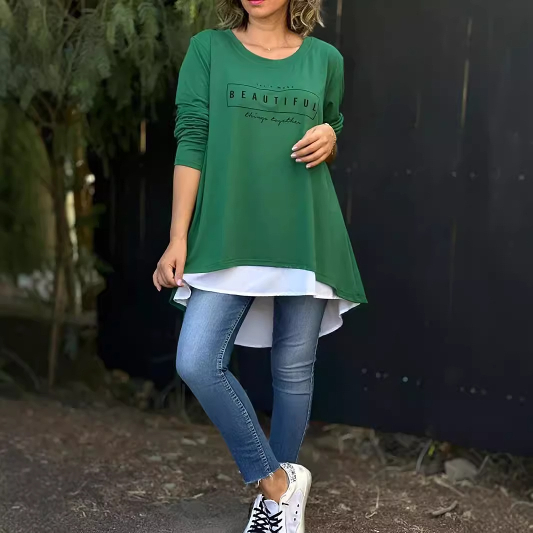 Women's Round Neck Faux Two-Piece Back Button Letter Long Sleeve Top