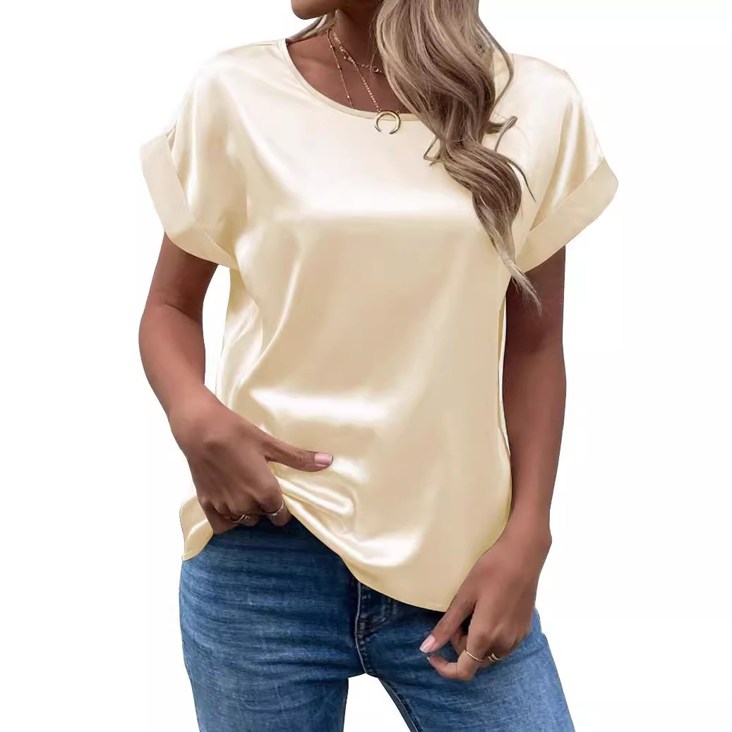 Women's Satin Crewneck Straight-Fit Short-Sleeve T-Shirt