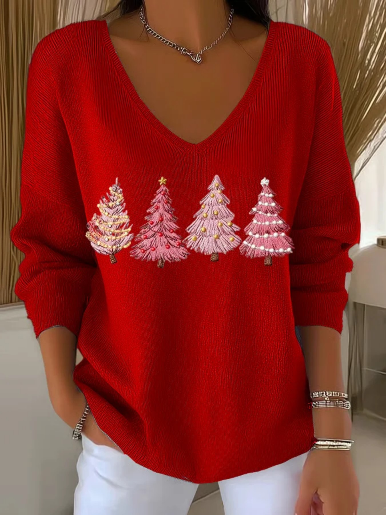 Christmas Tree Ribbon Print V-Neck Long-Sleeve T-Shirt