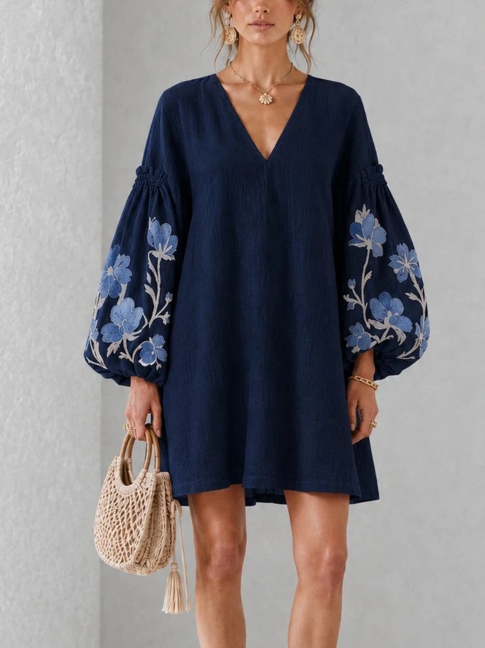 Women's V-Neck Puff Sleeve Short Dress with Cuff Print Loose Fit
