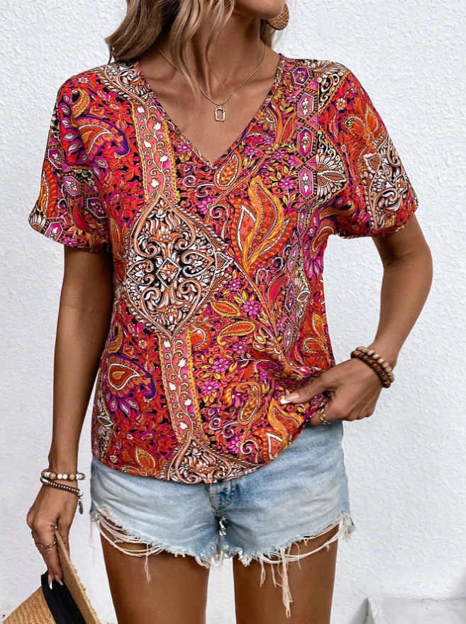 Paisley Print V-Neck Short-Sleeve Boho Blouse