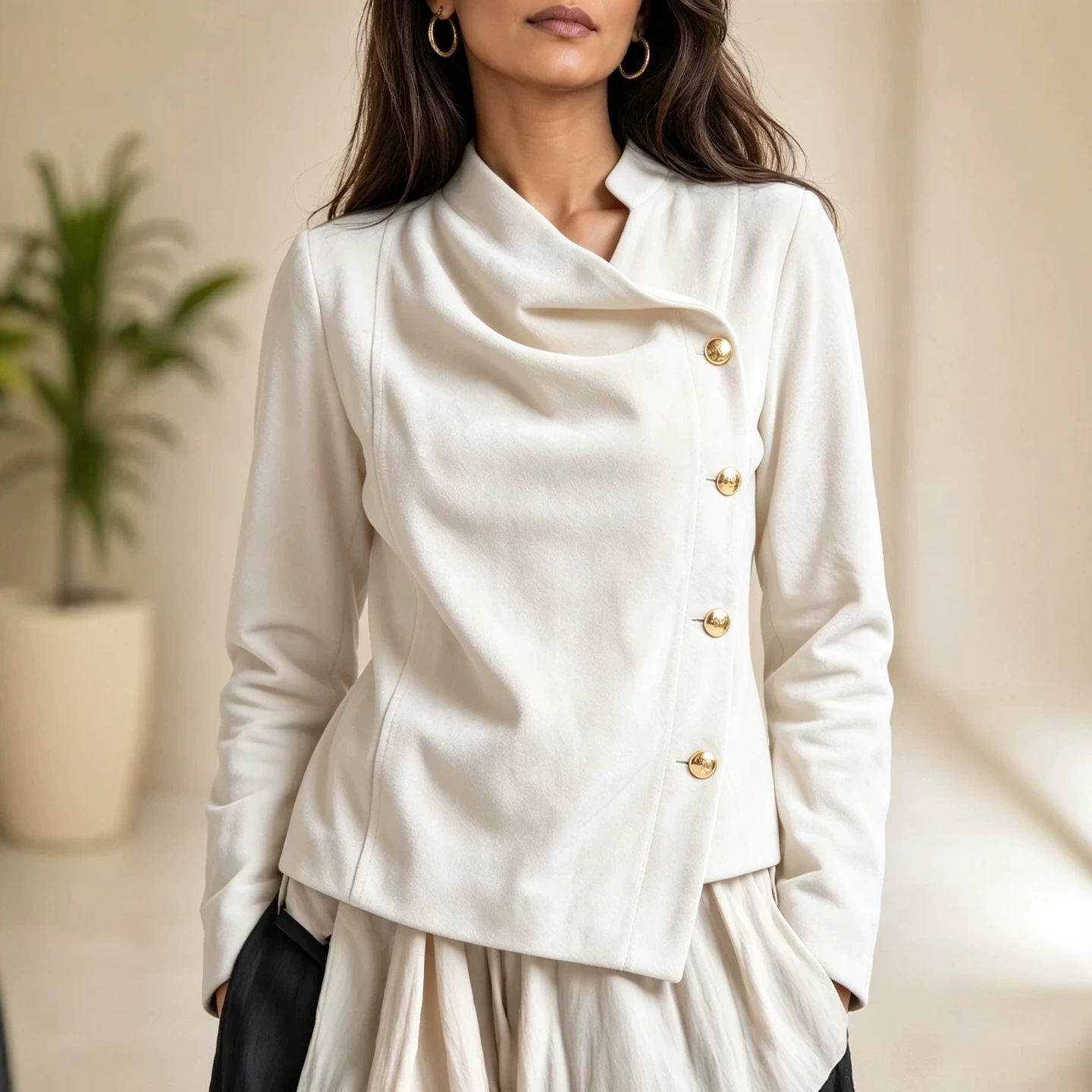 Women's Vintage Pleated Asymmetric Button Stand Collar Long Sleeve Jacket