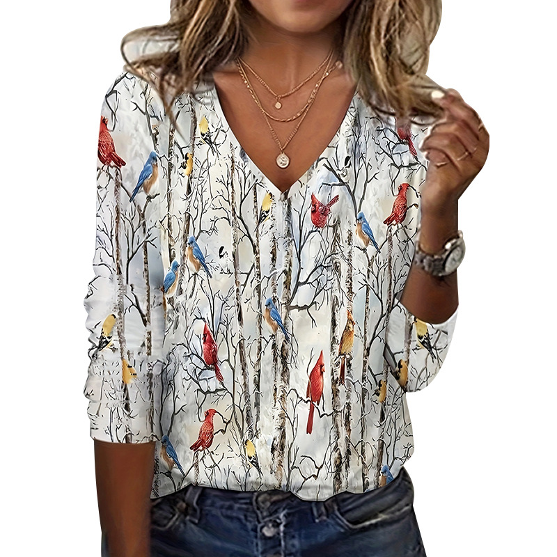 Women's V-Neck Animal Print Long Sleeve T-Shirt Slim Fit Casual Top