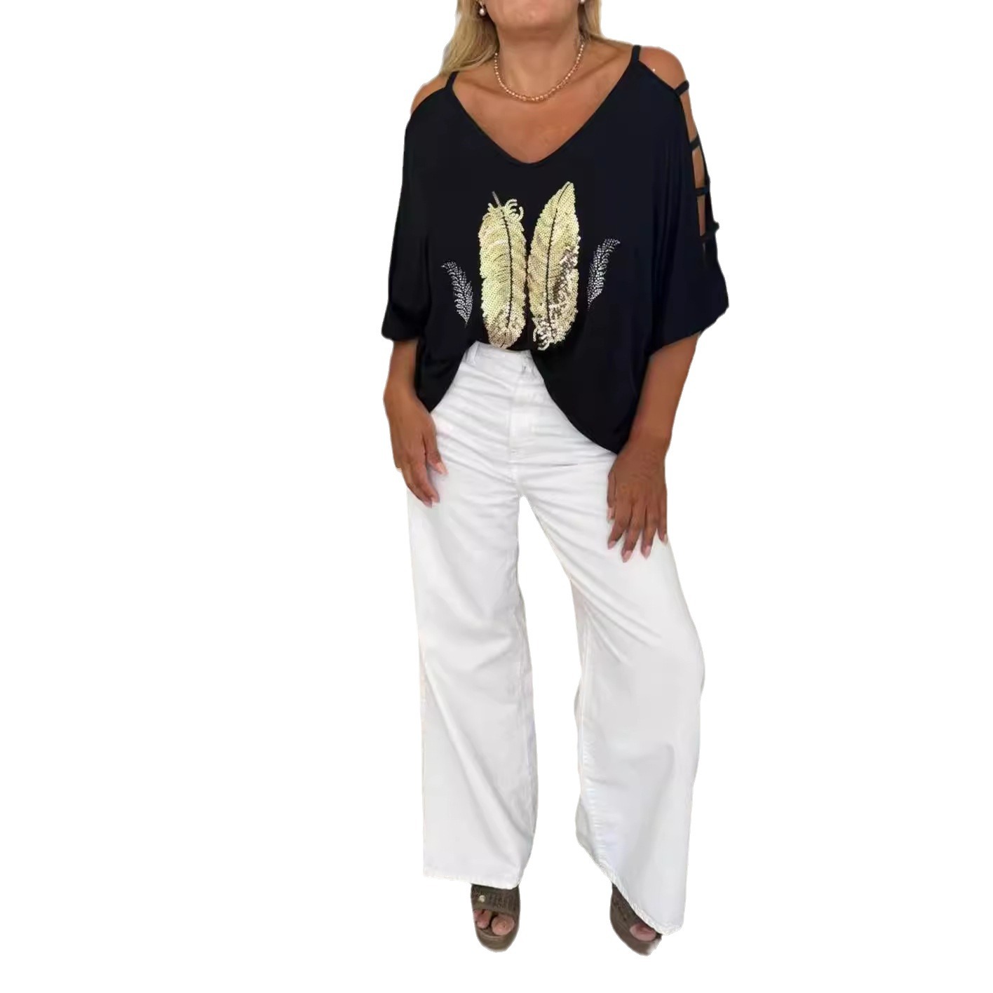 Women's Floral Print Off-Shoulder V-Neck Short Sleeve Top
