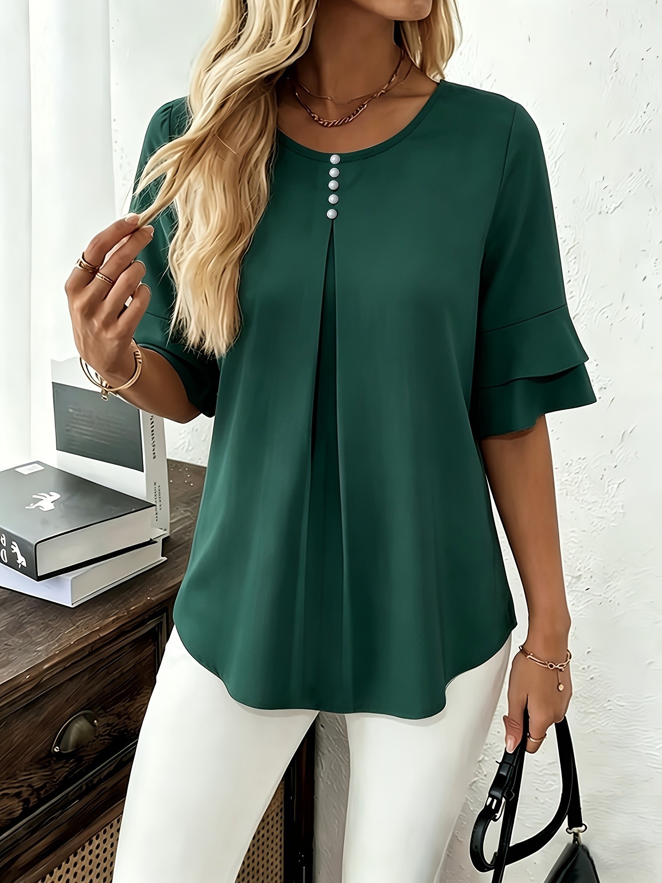 Women's Loose Double Ruffle Short Sleeve Blouse