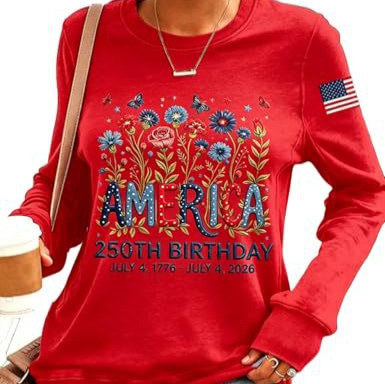 American Flag Letter Floral Print Long Sleeve Women's Top
