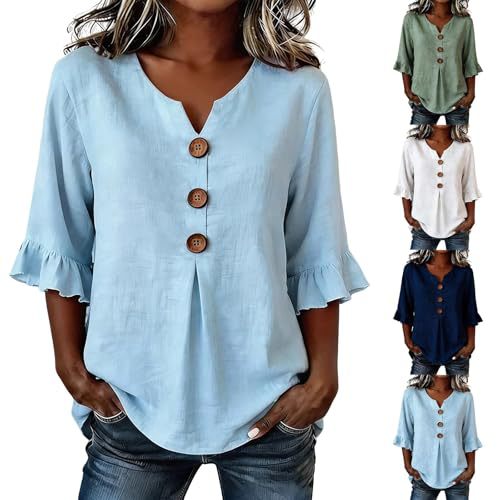 Women's Summer Solid Print Mid-Sleeve Button Top