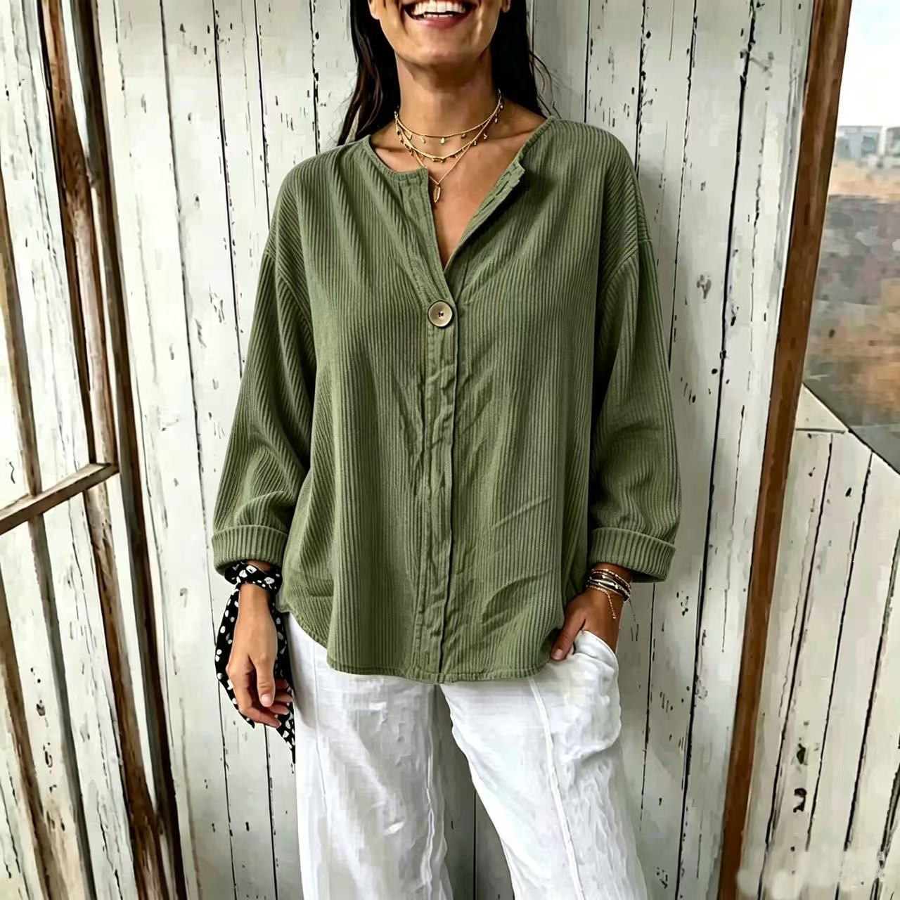 Women's Loose V-Neck Long Sleeve Corduroy Button-Up Top