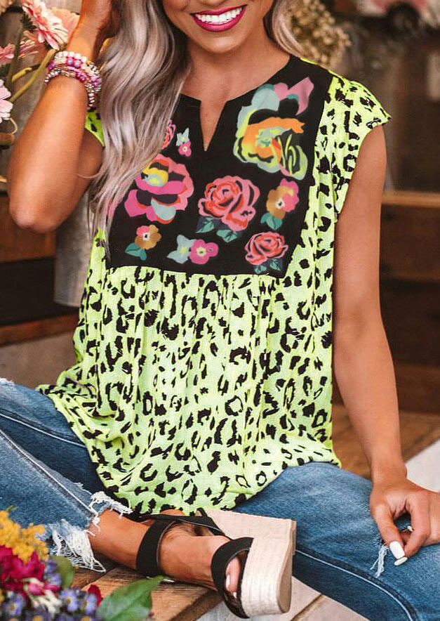 Leopard Print Patchwork Short Sleeve V-Neck T-Shirt for Women