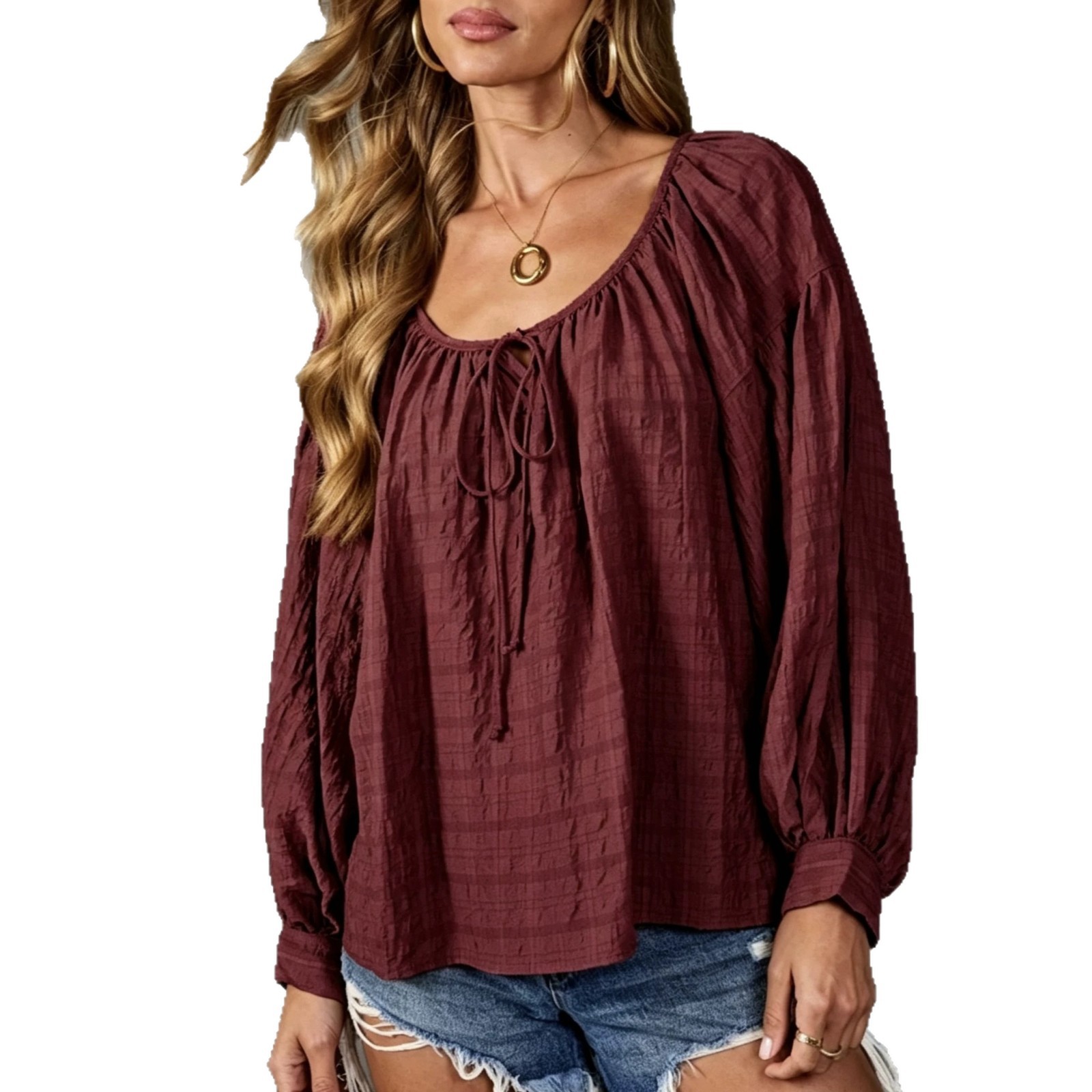 Women's Solid Color Drawstring Crewneck Long-Sleeve T-Shirt