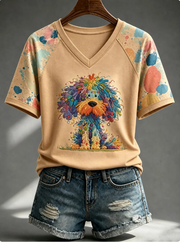 Women's Short Sleeve V-Neck T-Shirt with 3D Dog Print