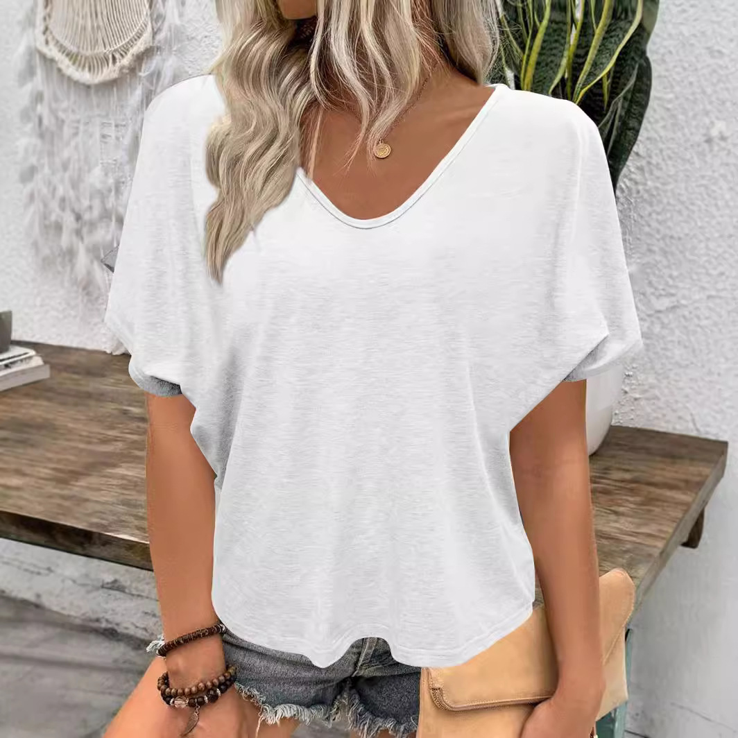 Women's Ruched V-Neck Short Sleeve T-Shirt Candy Color Loose Casual