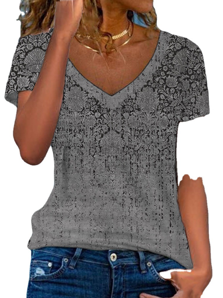 Women's Floral Print Short Sleeve V-Neck Loose Top