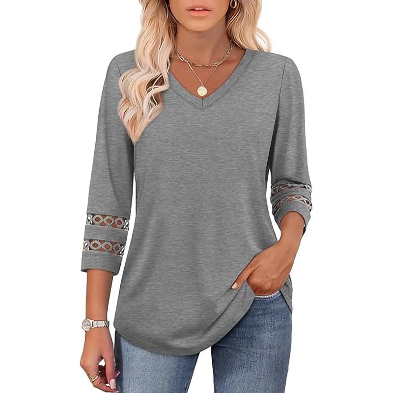 Women's Solid Loose V-Neck Hollow Out Casual Top