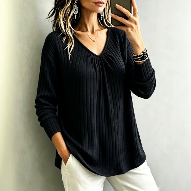 V-Neck Ribbed Brushed Long-Sleeve Loose Casual Top for Women