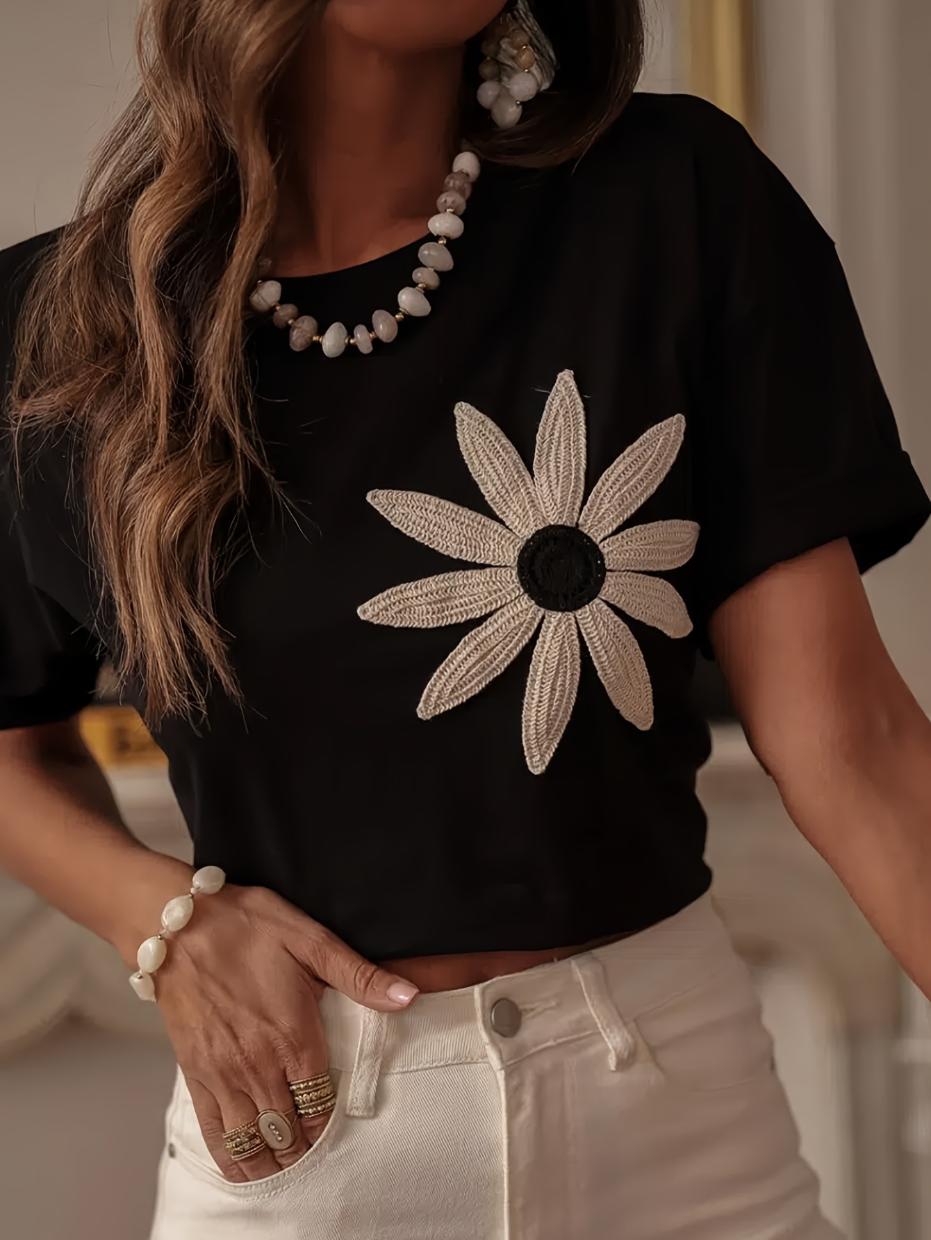 Women's Embroidered Short Sleeve Crew Neck T-Shirt