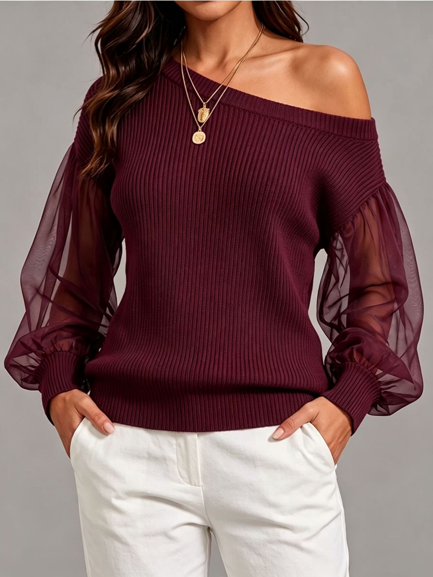 Women's Satin Knit Long-Sleeve Top Crew Neck Loose Fit