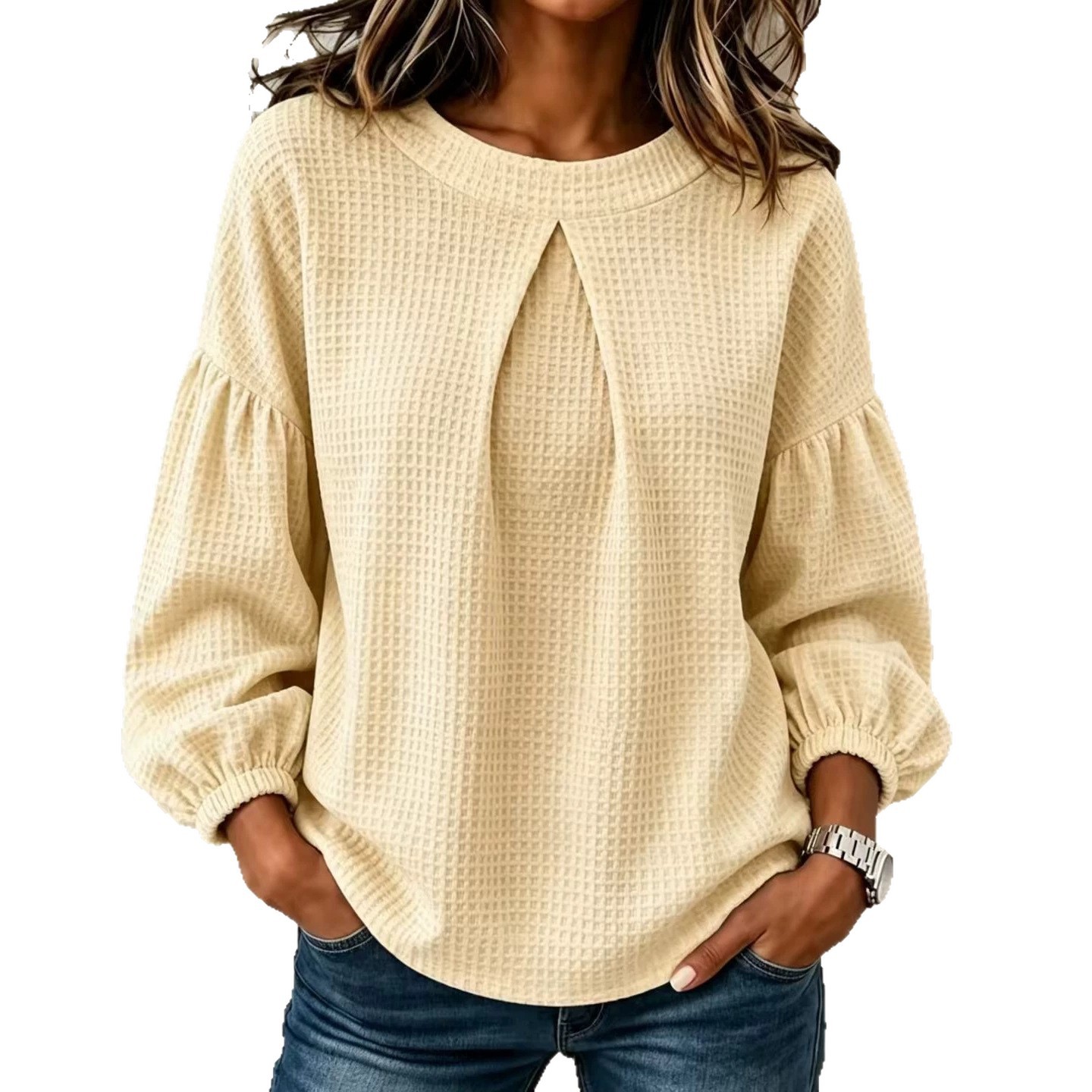 Women's Waffle Knit Crewneck Lantern Sleeve Loose Fit T-Shirt