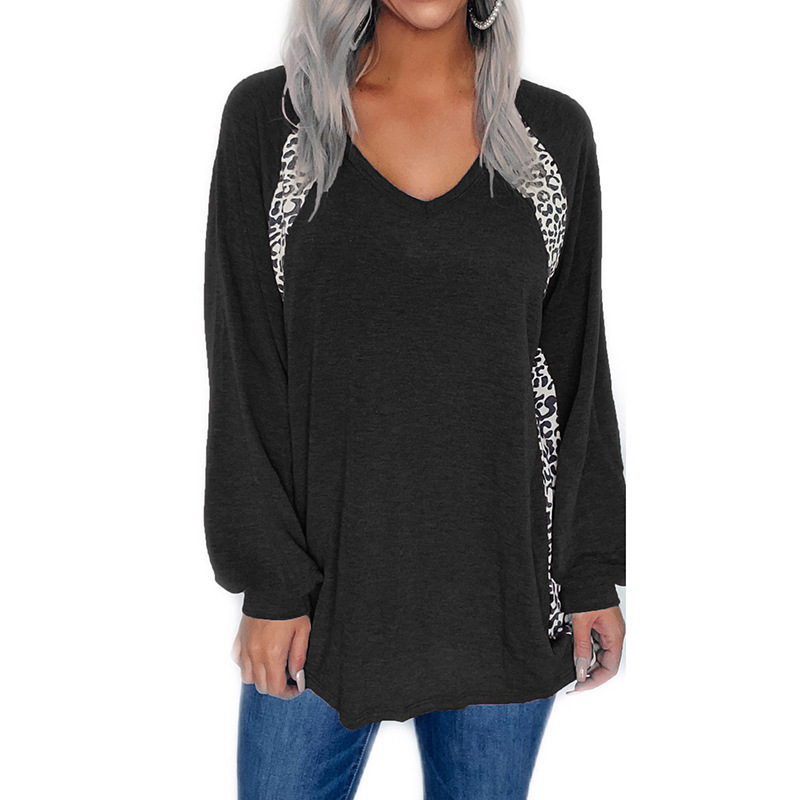 Women's V-Neck Leopard Colorblock Long Sleeve Loose Pullover T-Shirt