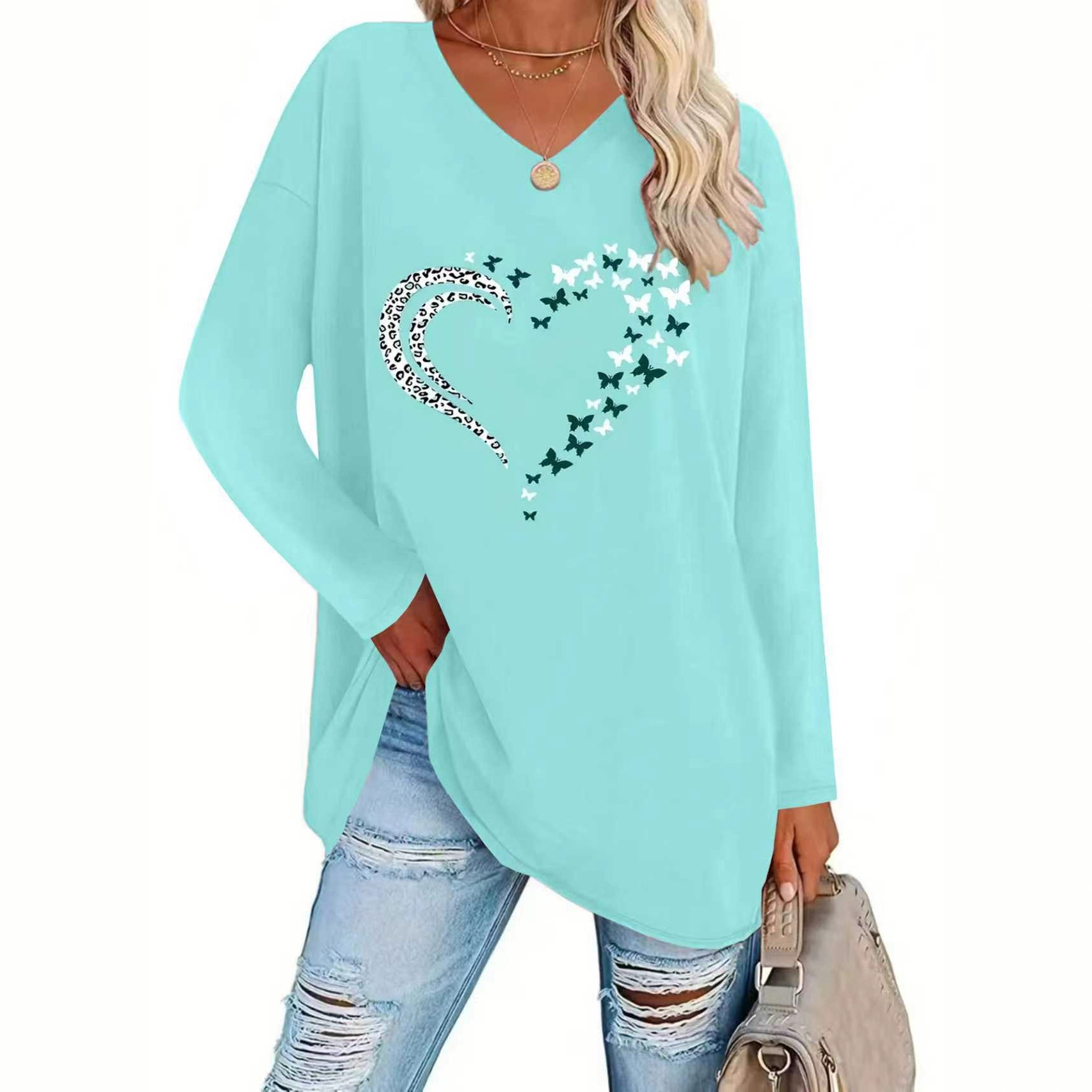 Women's Leopard Heart Butterfly Print Loose V-Neck Long Sleeve Top