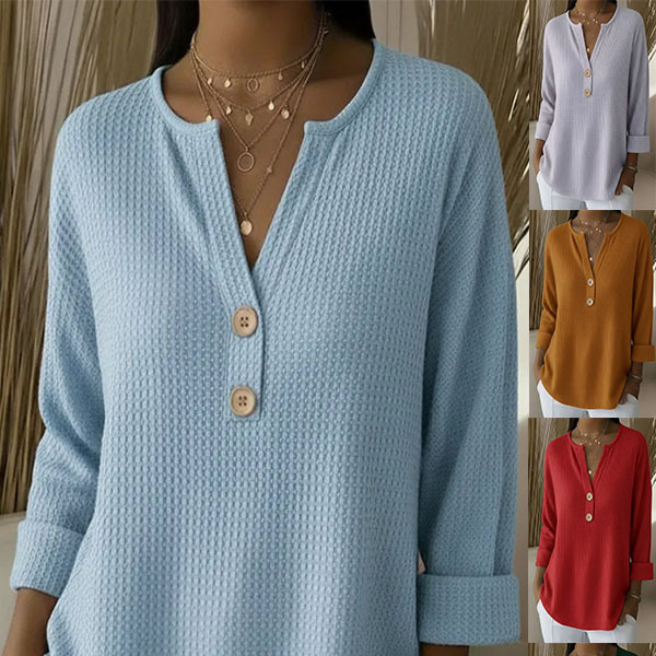 Women's V-Neck Waffle Knit Long Sleeve Pullover Sweater Solid Casual Top