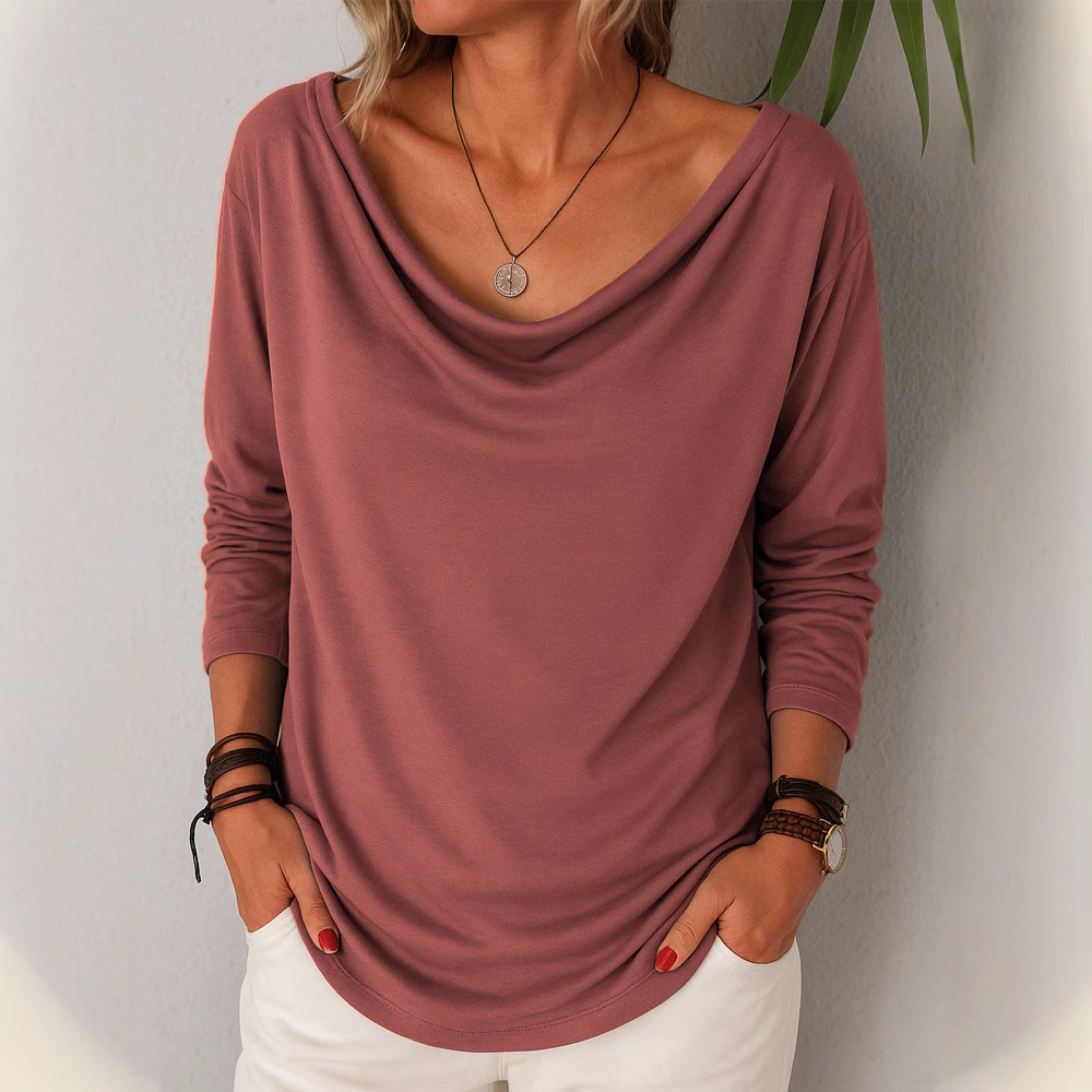 Women's Casual Loose Long Sleeve Solid Color Cowl Neck Pullover T-Shirt