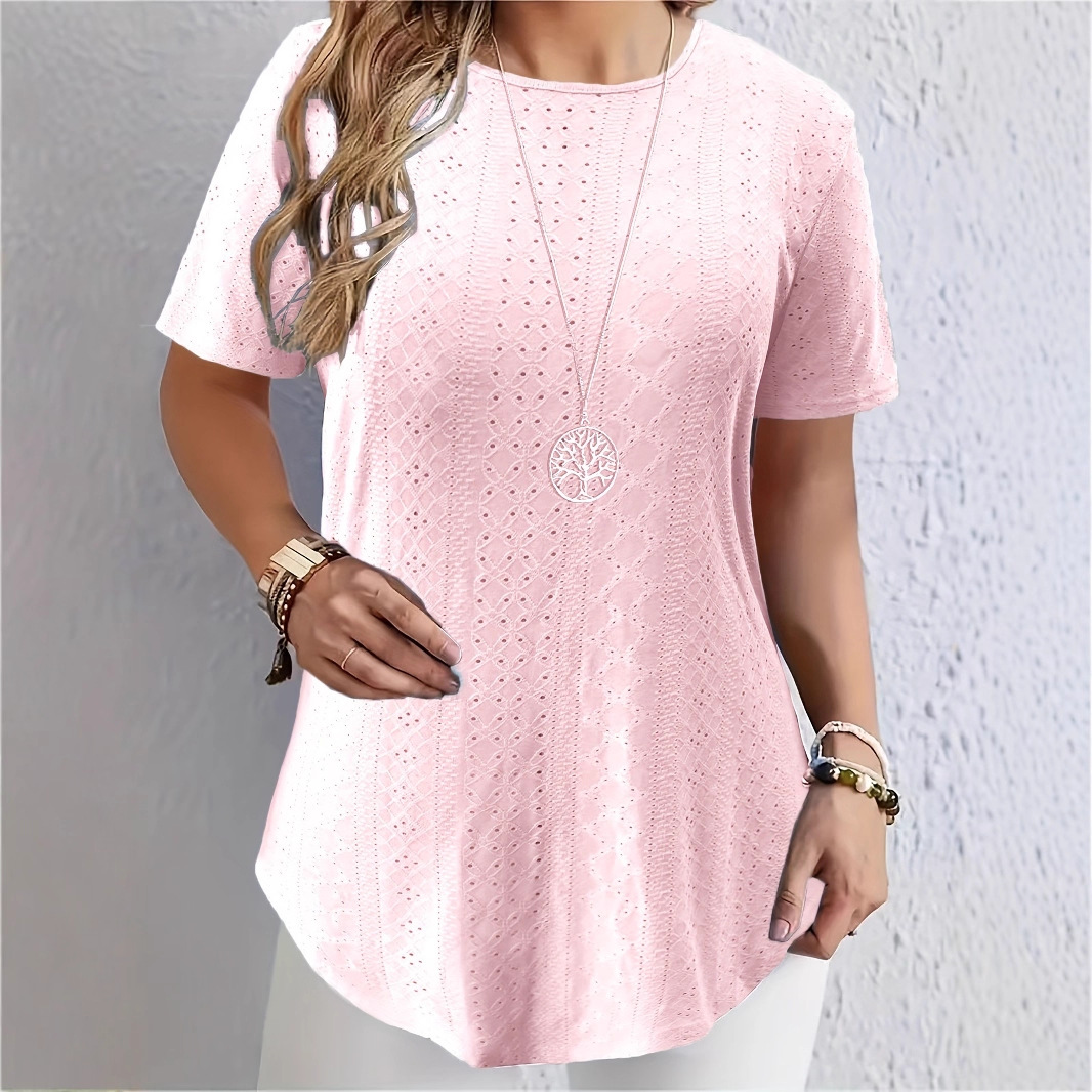 Elegant Printed Solid Color Back Button Short Sleeve T-Shirt