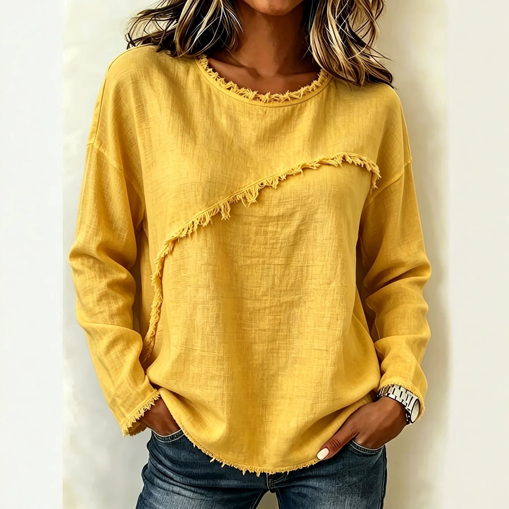 Women's Round Neck Faux Fur Trim Long Sleeve T-Shirt Solid Color Top