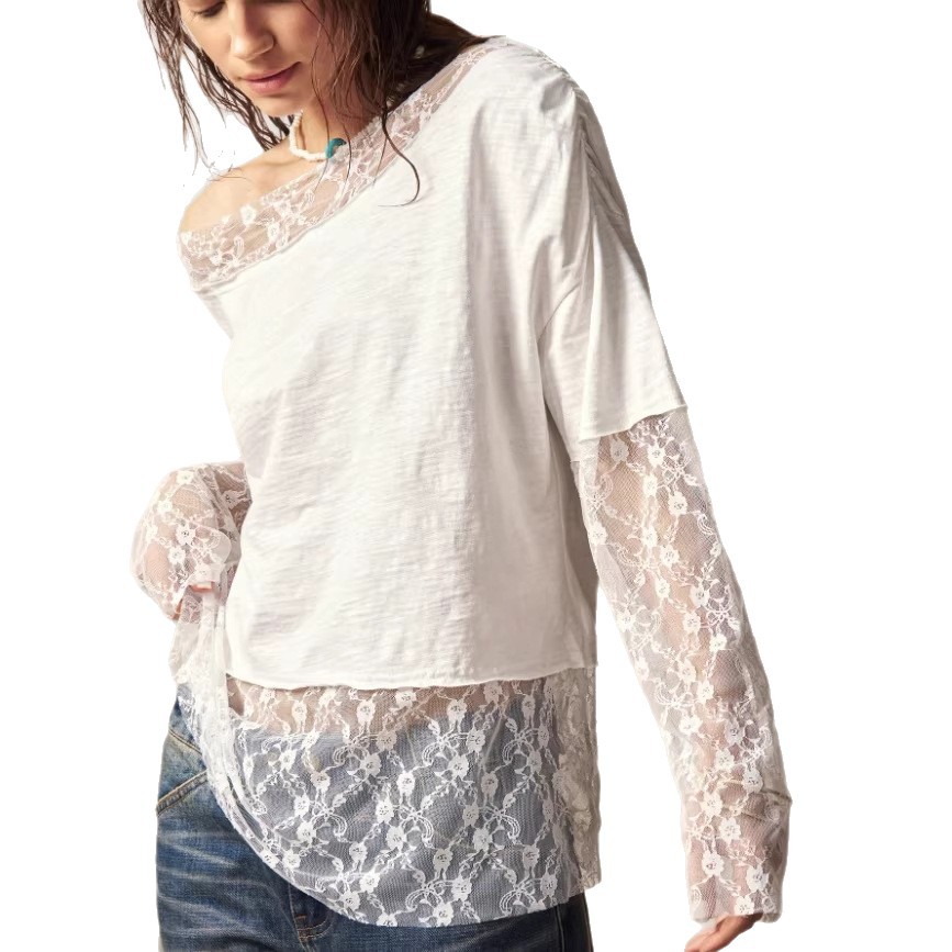 Bohemian One-Shoulder Long-Sleeve Lace-Cuff T-Shirt