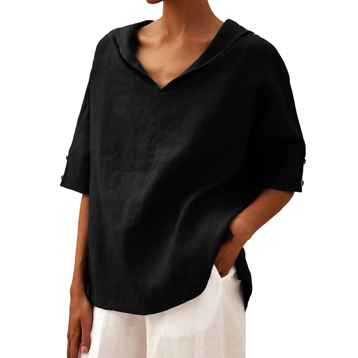 Women's Cotton-Linen Sailor Collar Loose Short-Sleeve Top