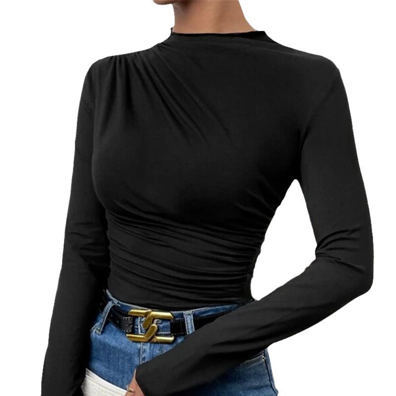 Women's Solid Color Slim Fit Ruched Long Sleeve T-Shirt