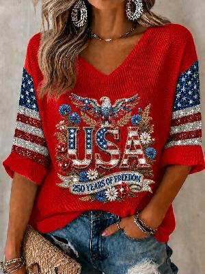 USA 250th Anniversary Print V-Neck Half-Sleeve Women's Top