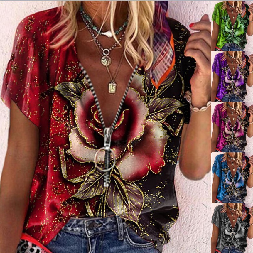 Women's Zip Short Sleeve Rose Print T-Shirt