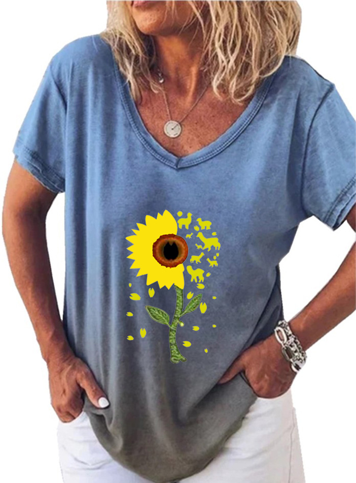 Sunflower Print V-Neck Short Sleeve Women's T-Shirt