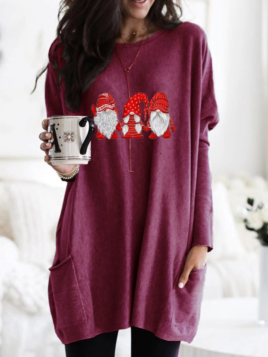 Santa Print Long Sleeve Round Neck Pocket Dress