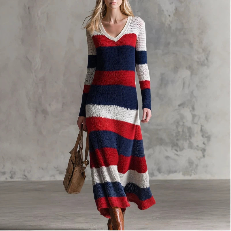 Retro Red & Blue Colorblock V-Neck Long Sleeve Maxi Dress